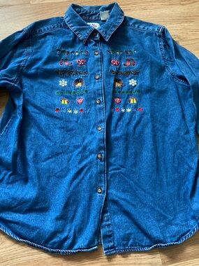 Nut Cracker Denim Embroidered Button-Up Shirt Christmas Holiday - Blue